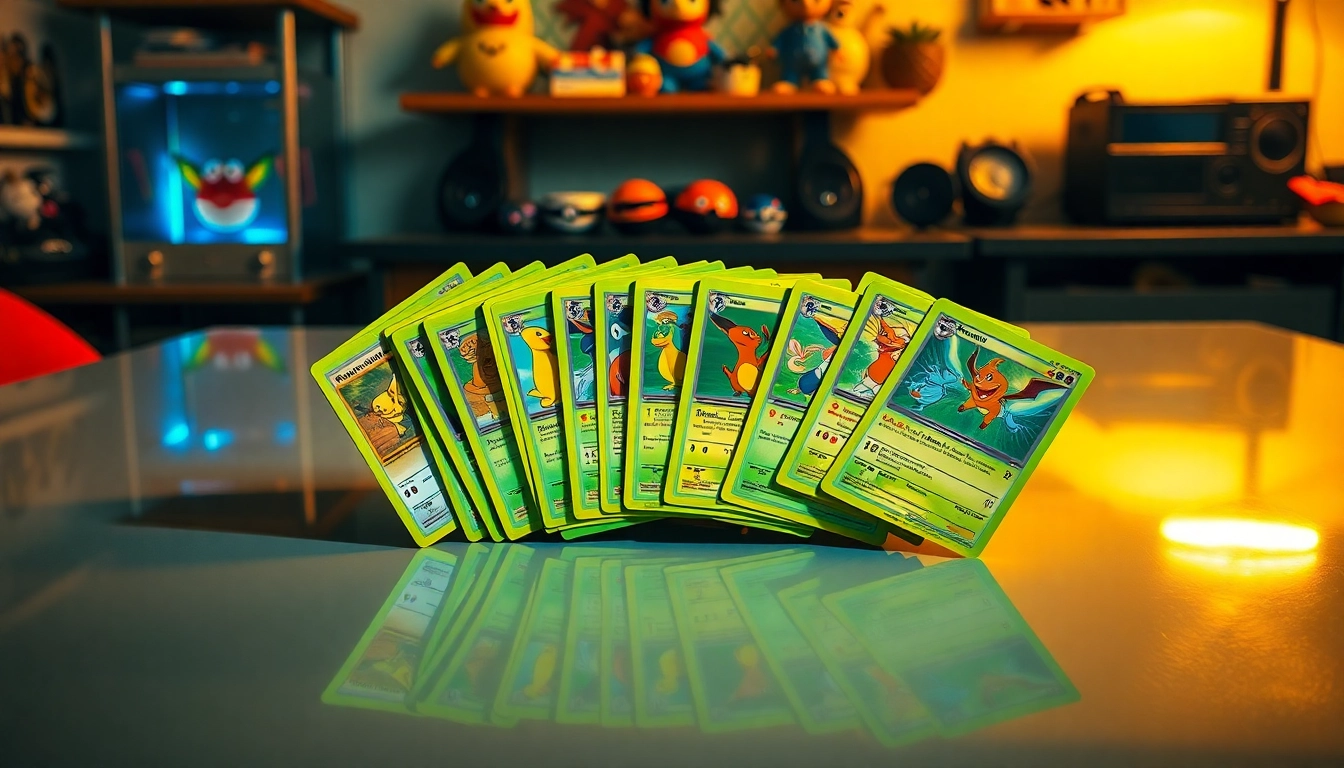 Display of Real pokemon cards featuring iconic characters on a polished surface.